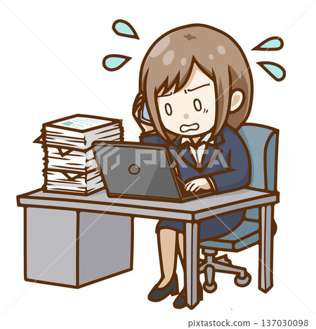 A businesswoman busy answering the phone and doing desk work (overwork/multitasking) A businesswoman busy answering the phone and doing desk work (overwork/multitasking) 137030098