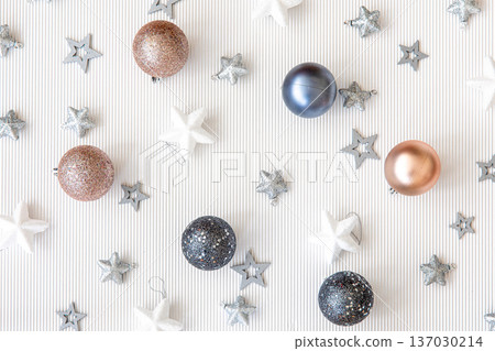 Christmas balls and decorative stars on a white background, flat lay. 137030214