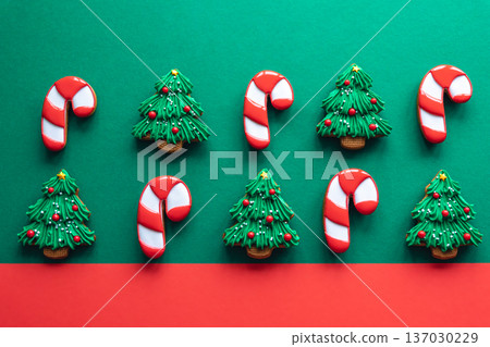 Christmas colored handmade gingerbread cookies, top view. Christmas colored handmade gingerbread cookies, top view. 137030229