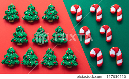 Christmas colored handmade gingerbread cookies, top view. 137030230