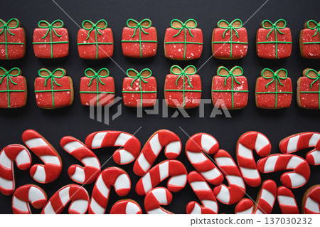 Christmas colored handmade gingerbread cookies, top view. 137030232