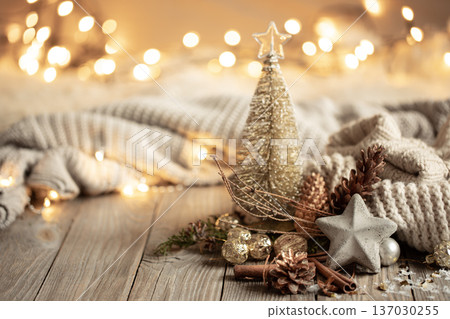 Christmas composition with decor details on blurred background with bokeh. 137030255