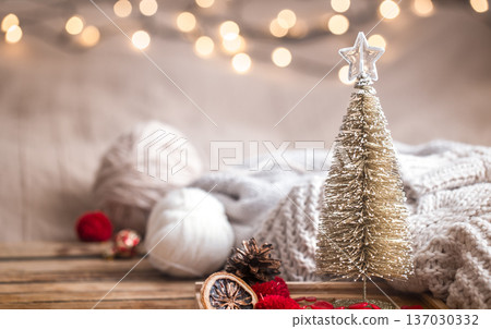 Christmas festive decor still life on wooden background 137030332