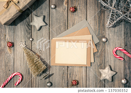Christmas flat lay background on wooden surface, copy space. Christmas flat lay background on wooden surface, copy space. 137030352