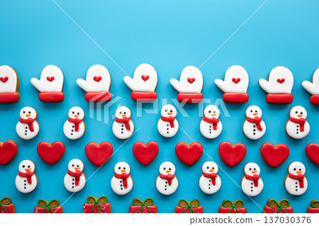 Christmas gingerbread on a blue background, flat lay. 137030376