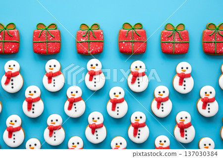 Christmas gingerbread on a blue background, flat lay. 137030384