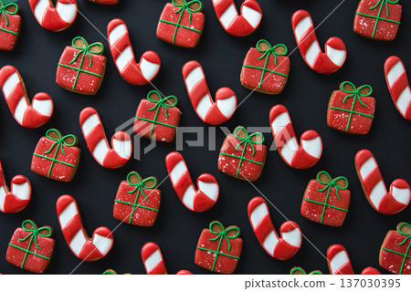 Christmas handmade gingerbread cookies covered with multi-colored icing. 137030395