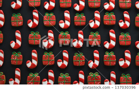 Christmas handmade gingerbread cookies covered with multi-colored icing. 137030396