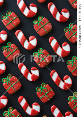 Christmas handmade gingerbread cookies covered with multi-colored icing. Christmas handmade gingerbread cookies covered with multi-colored icing. 137030399