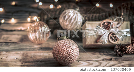 Christmas or New Year background, vintage toys on the Christmas tree 137030409