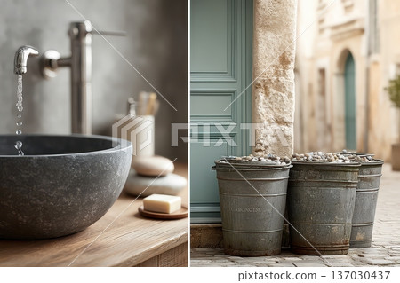Bright alley scene. Urban morning cleanup imagery. Sunlit street with rusted containers and puddles. Quiet city alley with weathered surfaces and scattered foliage Bright alley scene. Urban morning cleanup imagery. Sunlit street with rusted containers and puddles. Quiet city alley with weathered surfaces and scattered foliage 137030437