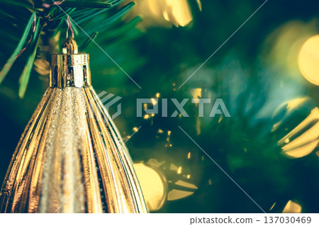 Christmas tree decoration close up, ball bauble in pine branches background. Christmas tree decoration close up, ball bauble in pine branches background. 137030469