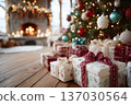 Rustic wooden floor wrapped gifts clustered, knit ribbons and plaid patterns, soft fireplace glow, twinkling tree lights, warm seasonal texture, family ready setting 137030564