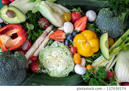 Close-up, bright fresh vegetables, fruits and berries. Close-up, bright fresh vegetables, fruits and berries. 137030574