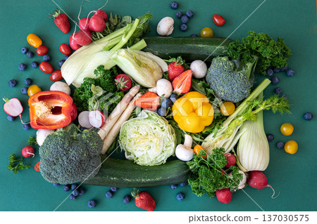 Close-up, bright fresh vegetables, fruits and berries. Close-up, bright fresh vegetables, fruits and berries. 137030575