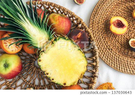 Close-up, cut pineapple and other exotic fruits. Close-up, cut pineapple and other exotic fruits. 137030643