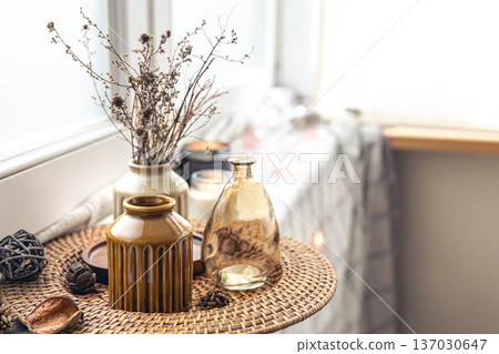 Close-up, details of autumn home decor on a blurred background. 137030647