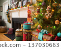 Beautifully wrapped presents placed near cheerful holiday embellishments, Elegant wrapped packages set amidst vibrant decorations and glowing festive illuminations 137030663