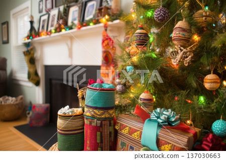 Beautifully wrapped presents placed near cheerful holiday embellishments, Elegant wrapped packages set amidst vibrant decorations and glowing festive illuminations 137030663
