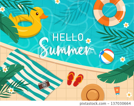 Summer pool scene illustration with fun beach accessories. Vector illustration 137030664