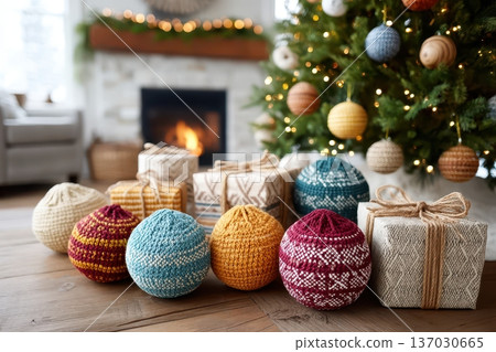 Large knit ornaments with gift packages, Cabin window frames snowfall with holiday decor, Warm wooden flooring highlights seasonal hygge inspired design elements Large knit ornaments with gift packages, Cabin window frames snowfall with holiday decor, Warm wooden flooring highlights seasonal hygge inspired design elements 137030665