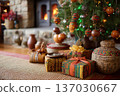 Handcrafted gifts and natural textures, Earthy tones complement artisanal holiday arrangements, Cozy atmosphere emphasizes sustainability and handcrafted seasonal decorations 137030667