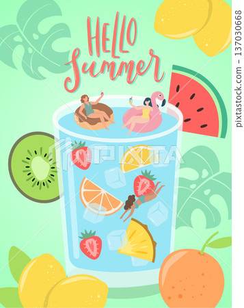 Summer tropical drink illustration with fruits and fun elements. Vector illustration Summer tropical drink illustration with fruits and fun elements. Vector illustration 137030668