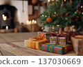 Festive cozy setting, Decorative gifts near fireplace with soft lighting, Intimate Christmas display featuring stylish packages and glowing ornaments by warm fireplace 137030669