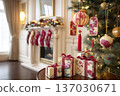 Comfortable house decorated for holidays, Intimate holiday setting with Christmas decorations, Inviting family environment featuring festive decorations and cozy ambiance 137030671