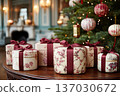 Decorative table with holiday decor, Beautifully arranged gifts for celebration event, Charming decorative arrangement on smooth surface for seasonal party celebration 137030672