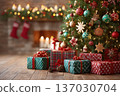 Colorful holiday presents arranged beautifully, Classic Christmas scene with bright decorations and gifts, Decorated evergreen with wrapped gifts and cheerful holiday accents 137030704