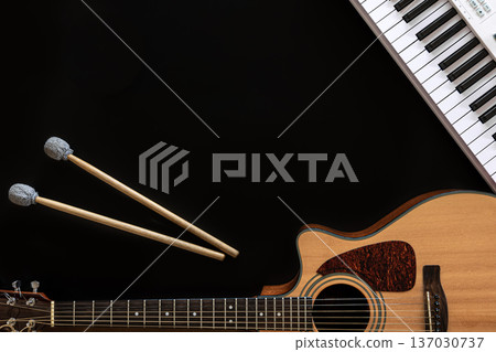 Musical background with guitar, piano, drum sticks and a cup of coffee. Musical background with guitar, piano, drum sticks and a cup of coffee. 137030737