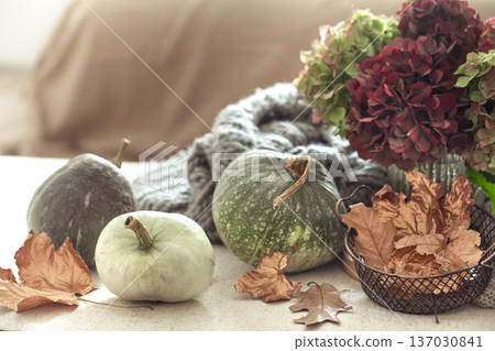 Autumn composition of pumpkins, dry leaves and hydrangea flowers. Autumn decor concept close up. 137030841