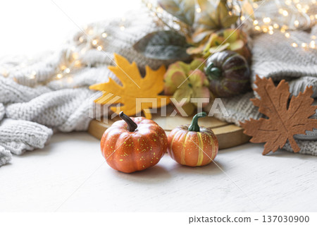 Autumn still life with pumpkins, leaves and knitted element. 137030900