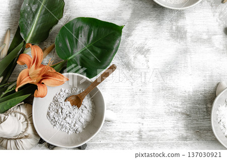 Flat lay spa composition with powder for making facial mask copy space. Flat lay spa composition with powder for making facial mask copy space. 137030921