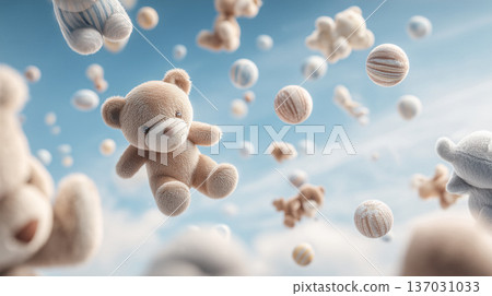 Colorful bears and balls flying. An energetic scene featuring soft bears and striped balls in lively motion across luminous blue backdrop Colorful bears and balls flying. An energetic scene featuring soft bears and striped balls in lively motion across luminous blue backdrop 137031033