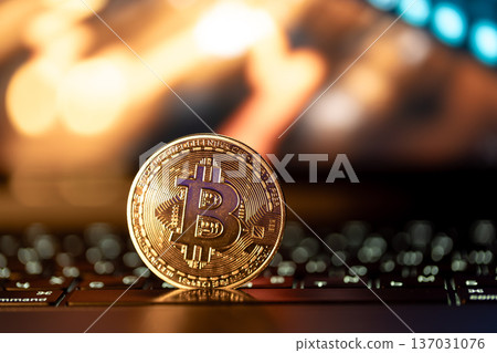 Bitcoin coin on keyboard with nice background. Crypto money concept. Bitcoin coin on keyboard with nice background. Crypto money concept. 137031076