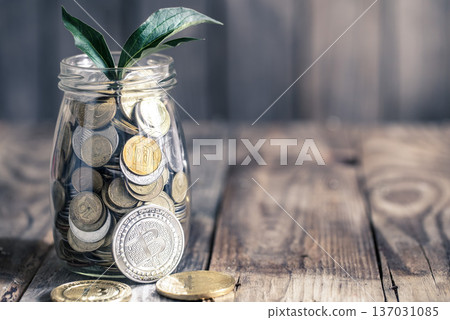 coin Bitcoin and a jar with coins coin Bitcoin and a jar with coins 137031085
