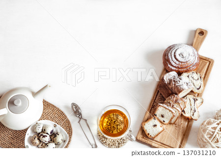 Breakfast or brunch with delicious pastries and Easter cookies. Breakfast or brunch with delicious pastries and Easter cookies. 137031210