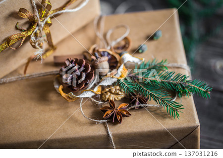 beautifully Packed with gift on wooden background 137031216