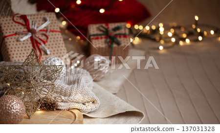 Christmas background with details of home christmas decor. Christmas background with details of home christmas decor. 137031328