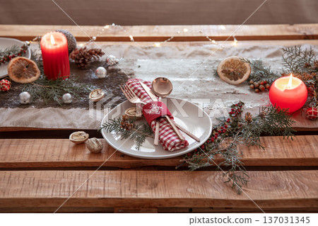 Table setting for a festive Christmas dinner. 137031345