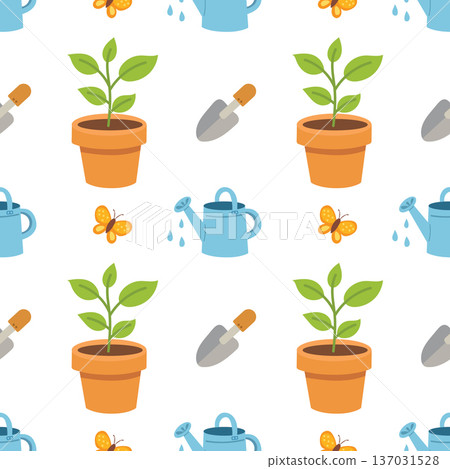 Garden Seamless Pattern with Plant Pot and Watering Can Illustration 137031528