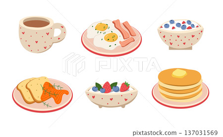 Breakfast Food Illustration Set with Pancake Egg and Coffee Collection Breakfast Food Illustration Set with Pancake Egg and Coffee Collection 137031569
