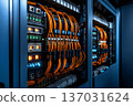 Server racks with glowing lights and network cables 137031624