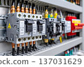 Circuit breakers protecting electrical industrial control panel 137031629