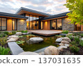 Modern luxury home with zen garden and pond 137031635