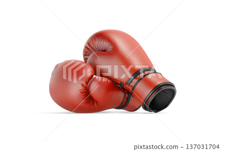 Blank red boxing gloves pair mockup png, transparent background 3d rendering. Empty professional sporting goods for kickboxing sparring mock up cut out. Clear boxer fighting uniform for hand template. 137031704