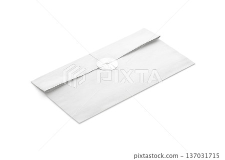 Blank white rectangle paper bag with sticker mockup png, transparent background, 3d rendering. Empty folded mail packaging with label mock up cut out. Clear protection delivery for letter or gift. 137031715