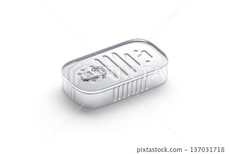 Blank aluminum sardine conserve can mockup png, transparent background, 3d rendering. Empty metallic jar or box for fish conservation mock up cut out. Clear sardines or sprat preserve package, 137031718